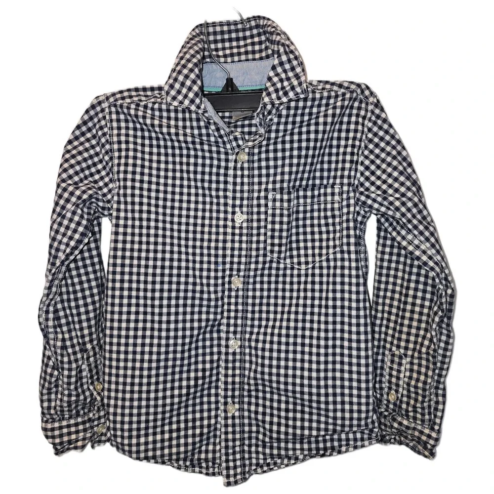 Carters Boys Navy Blue White Gingham Check Button Down Shirt Size 6 Long Sleeve‎